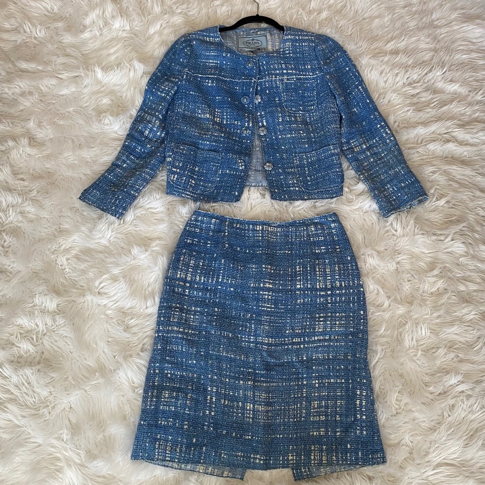 PRADA Blue and Cream Skirt Suit